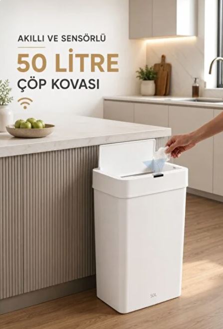 [EBS0003] FLOW ME 50 Litre Sensörlü Otomatik Çöp Kovası, Ofis, Mutfak, Banyo Ve Balkon İçin Mükemmel Seçim