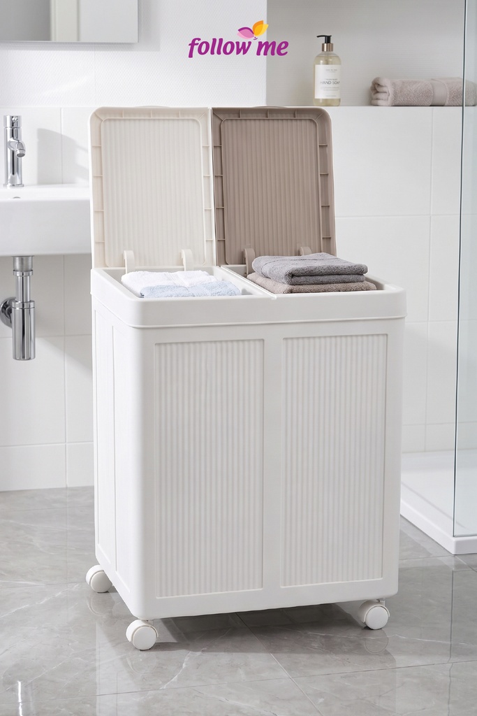 [EBS0013] Follow Me Tekerli Çift Bölmeli Çamaşır Sepeti (Beyaz-Bej)