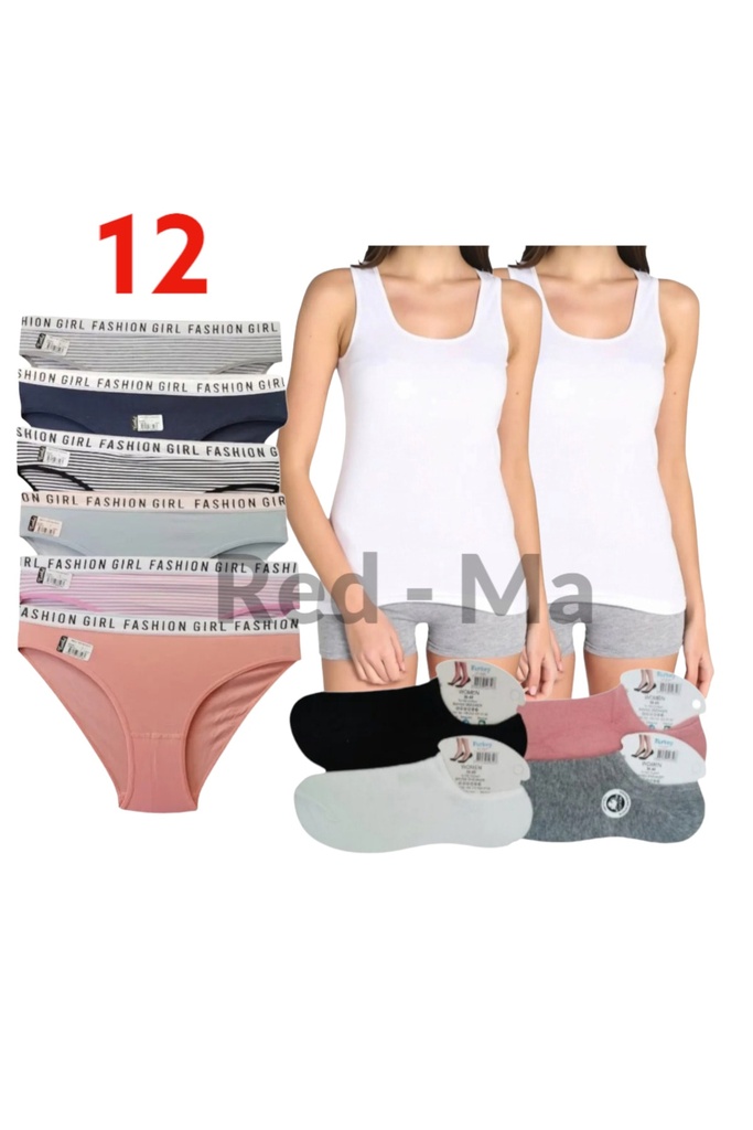 Tutku 12'li Paket, 6 Adet Tutku Çok Renkli Külot, 2 Adet Geniş Askılı Elastan Atlet, 4 Adet Çorap