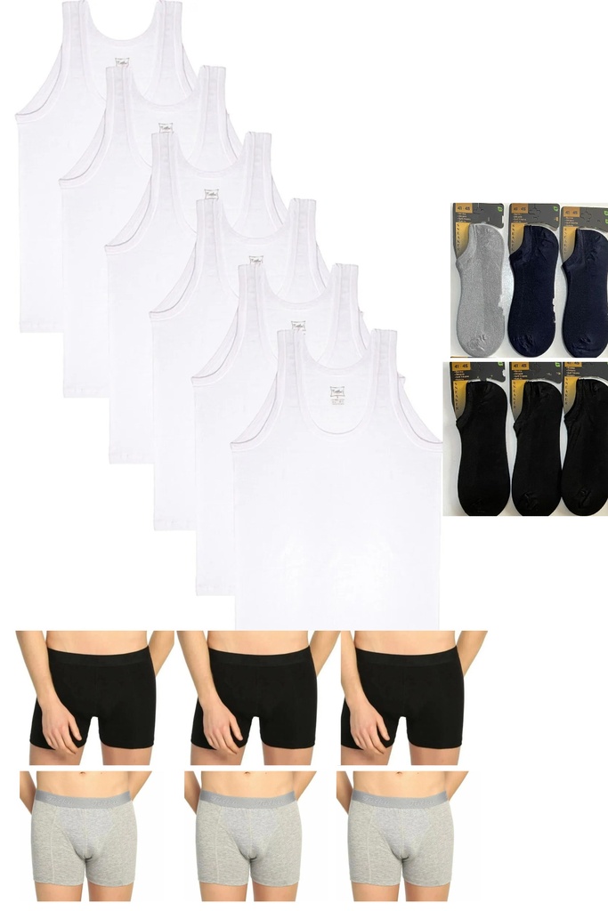 Tutku 6'lı Penye Beyaz Erkek Atlet-6'lı Likra Boxer-6'lı bambu kısa çorap Takım ÇEYİZ SET (S)